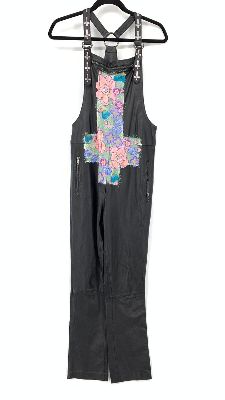 Friend Of Mine Maverick Leather Overalls Womens Apx Sz US 8 Black Handpainted
